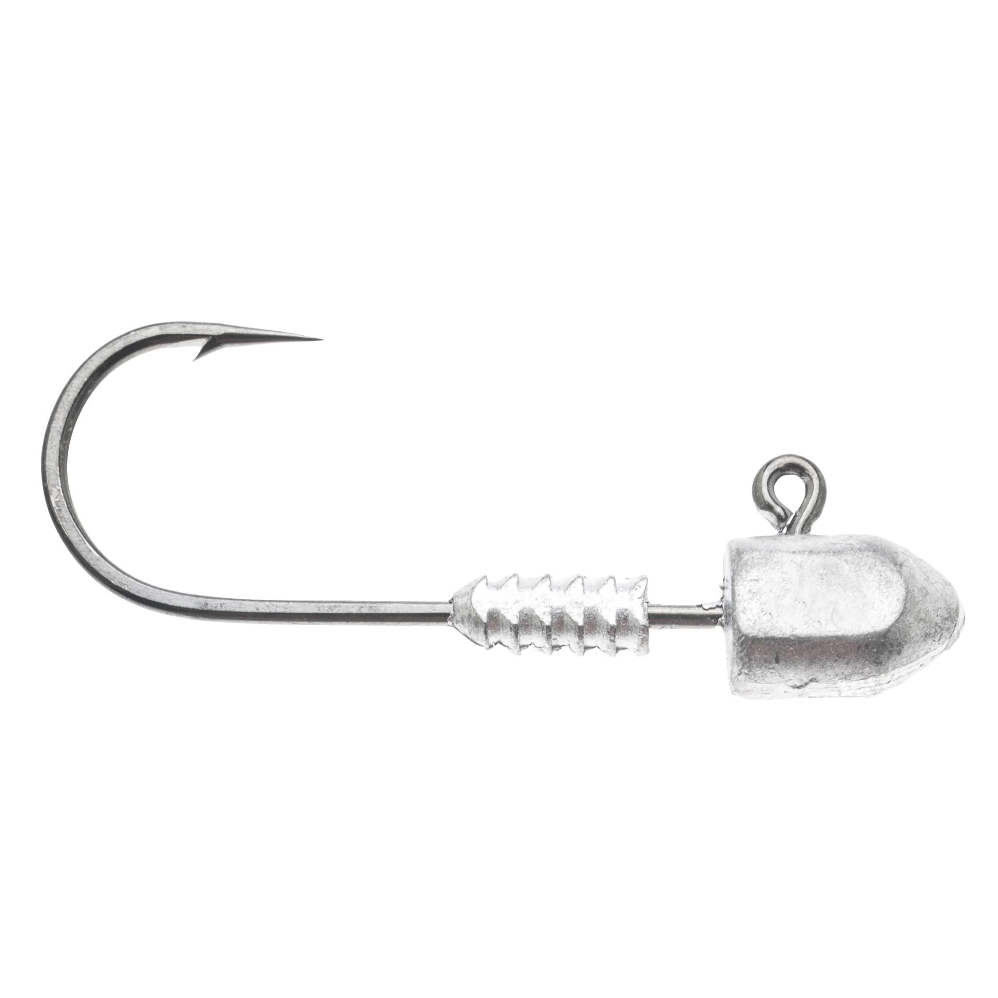 Silver jig head hook with round lead head, ring tie, and barbed shank