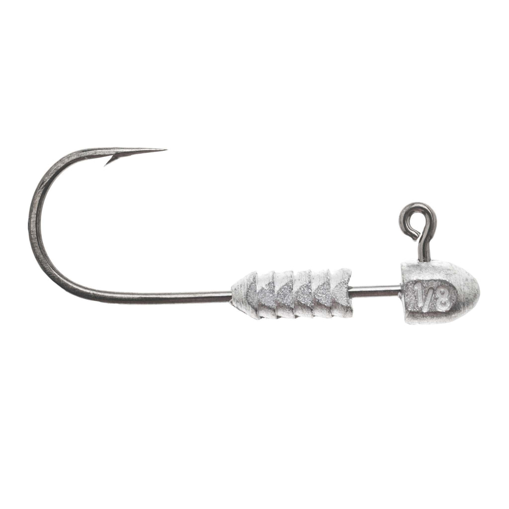 Silver jig head hook marked 1/8 on round lead head, ring tie, barbed shank