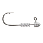 Silver jig head hook marked 1/8 on round lead head, ring tie, barbed shank