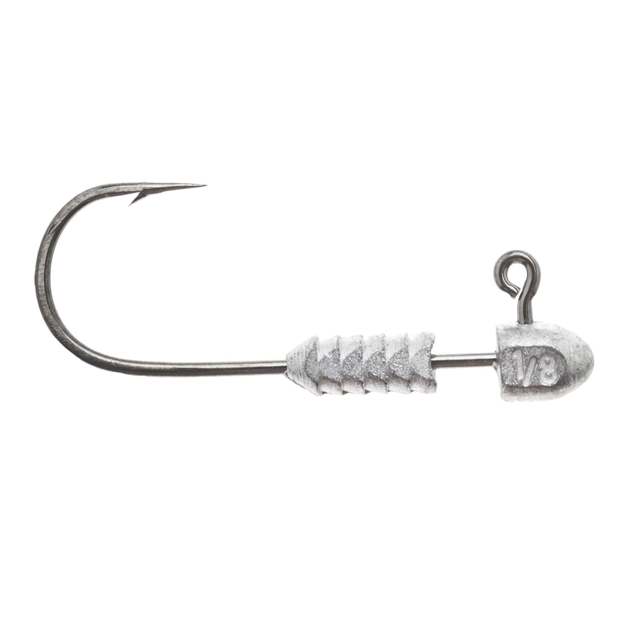 Silver jig head hook marked 1/8 on round lead head, ring tie, barbed shank