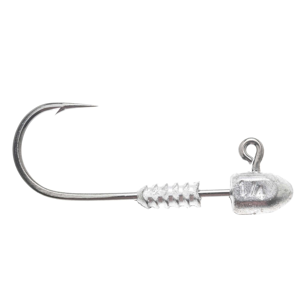 Silver jig head hook marked 1/4 on round lead head, ring tie, barbed shank