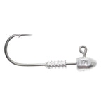 Silver jig head hook marked 1/4 on round lead head, ring tie, barbed shank