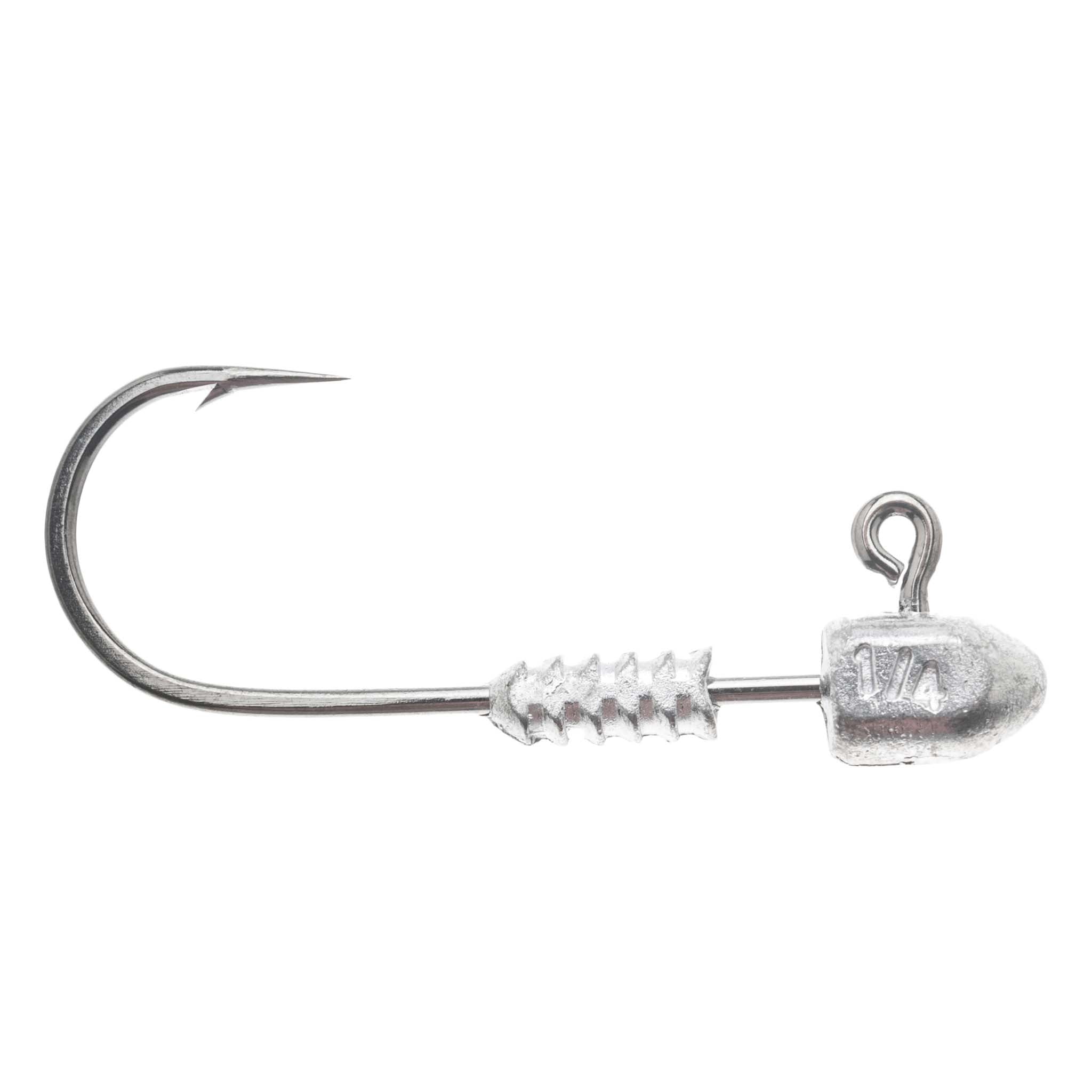 Silver jig head hook marked 1/4 on round lead head, ring tie, barbed shank