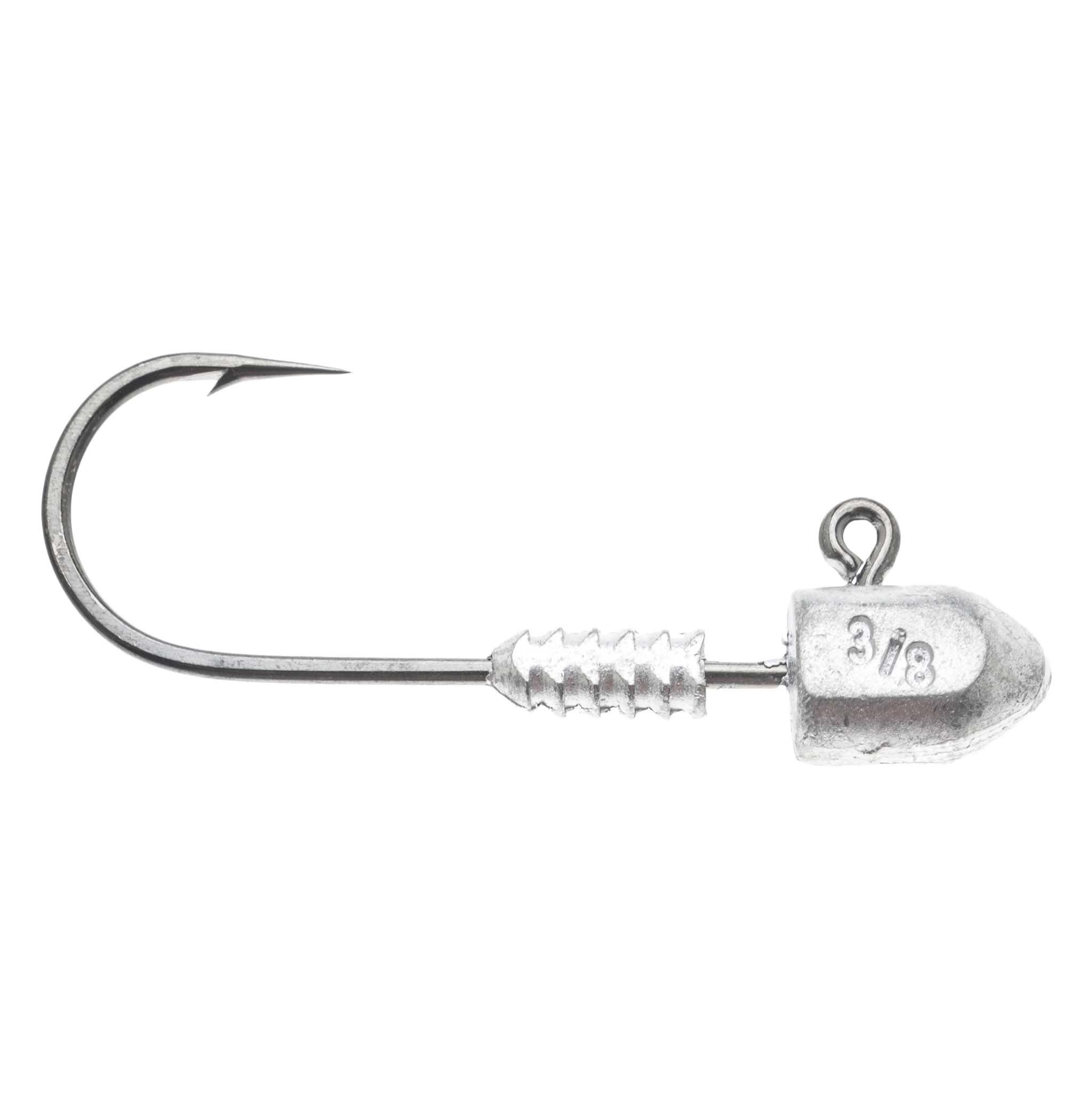 Silver jig head hook marked 3/8 on round lead head, ring tie, barbed shank