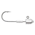 Silver jig head hook with round lead head, ring tie, and barbed shank