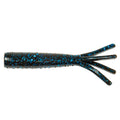 Soft plastic fishing lure, dark blue glitter body with four splayed clear legs