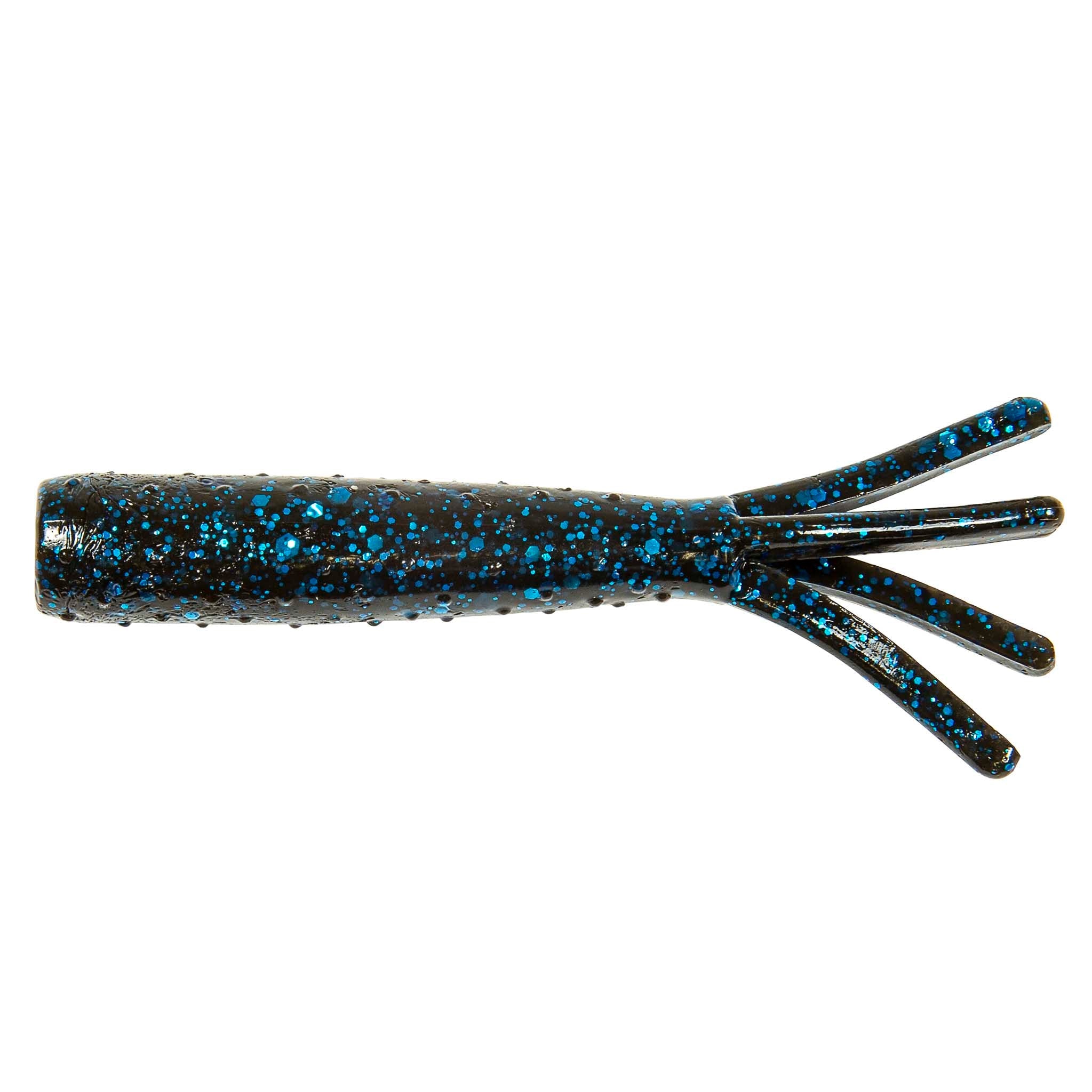 Soft plastic fishing lure, dark blue glitter body with four splayed clear legs