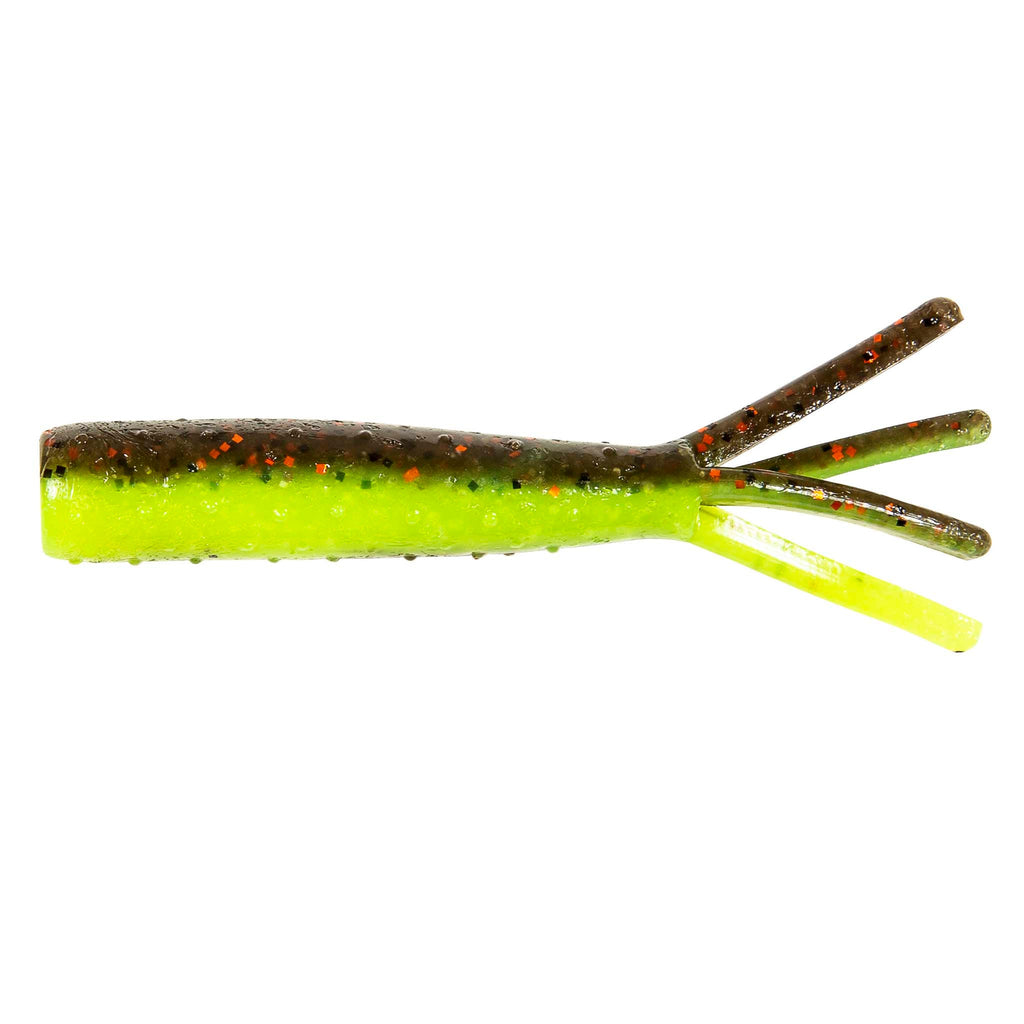 Soft plastic fishing lure, green chartreuse body with speckled back and clear legs