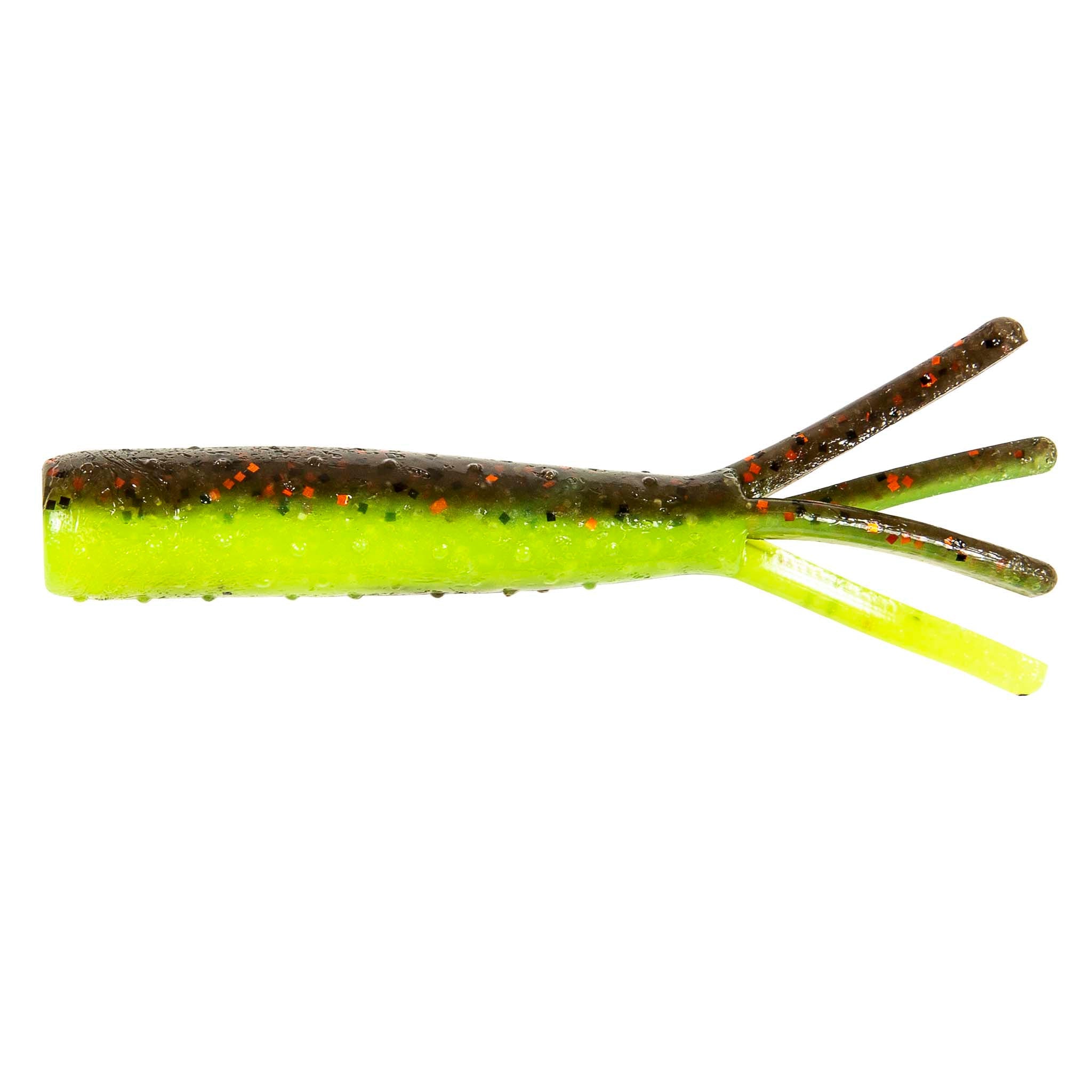 Soft plastic fishing lure, green chartreuse body with speckled back and clear legs