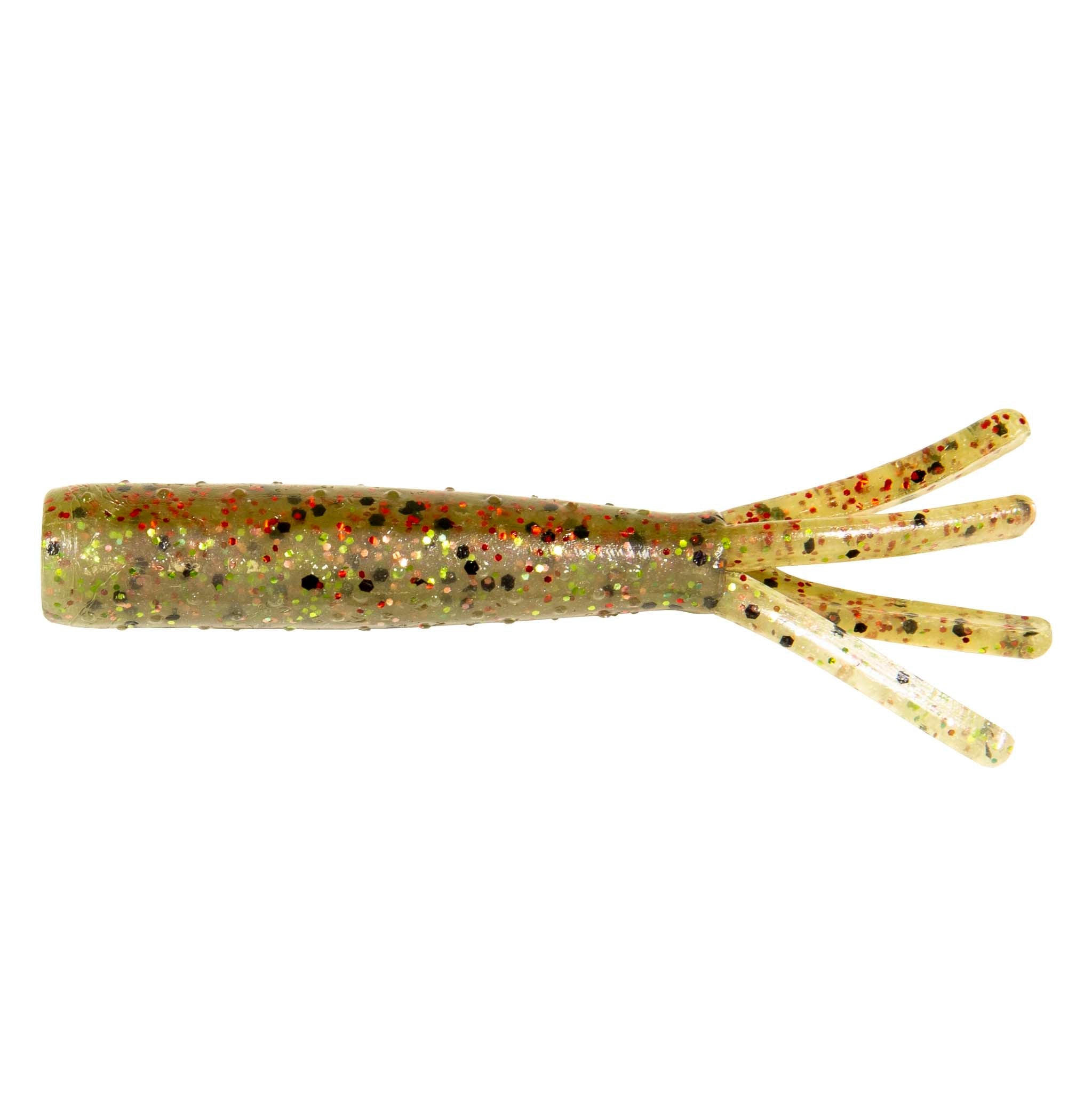 Soft plastic fishing lure, olive-tan body with speckles and four translucent legs