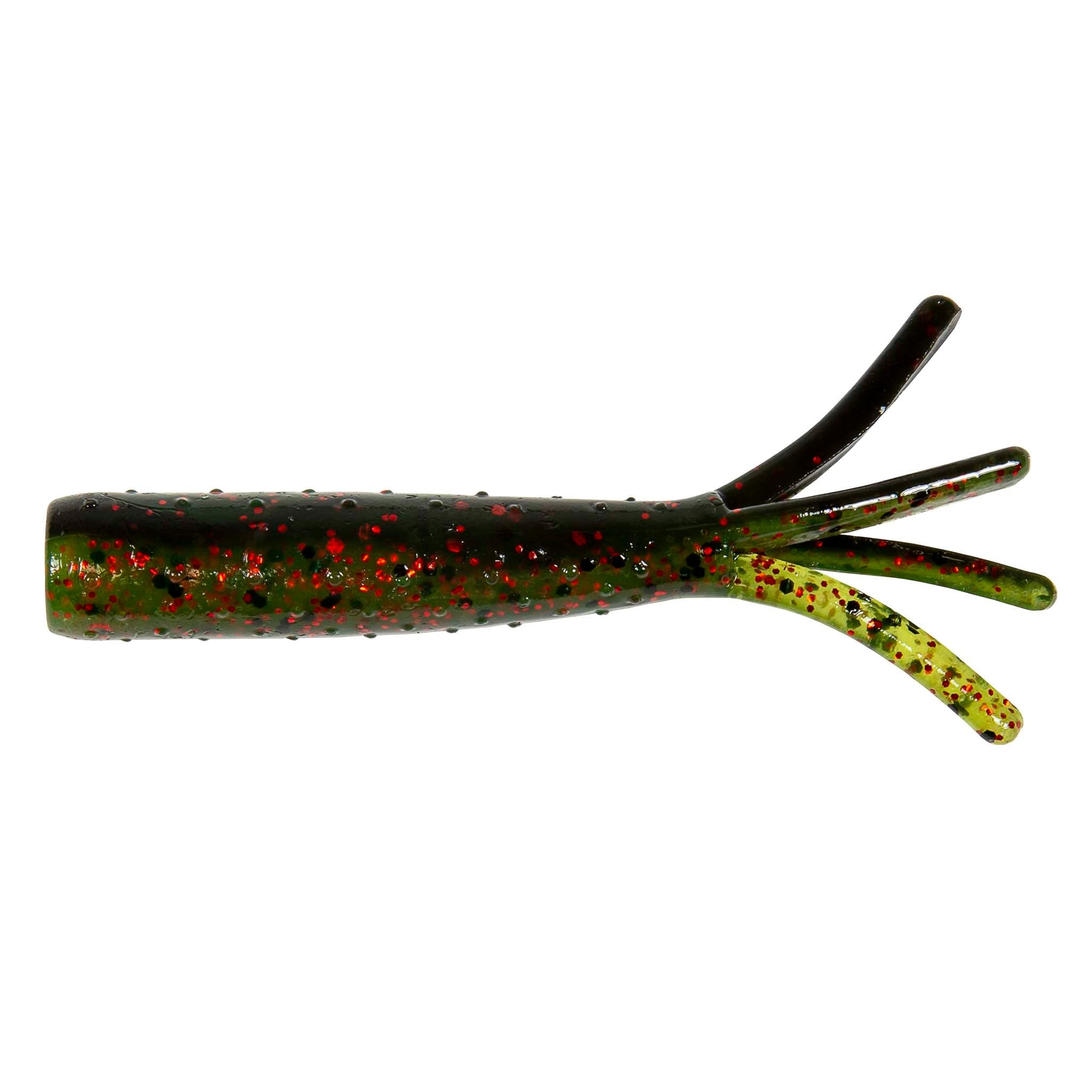 Soft plastic fishing lure, dark body with red speckles and four green-yellow legs