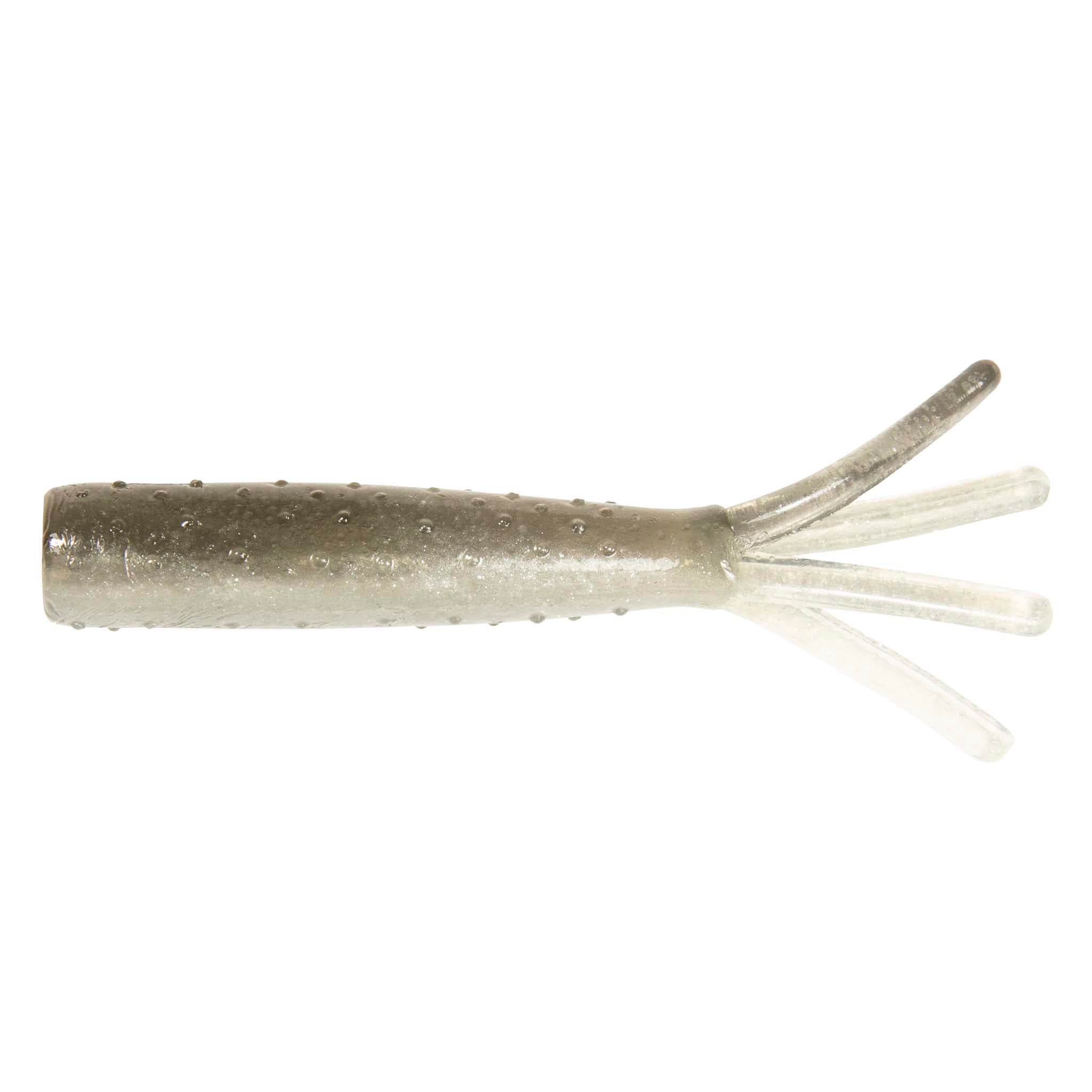 Soft plastic fishing lure, silver pearl body with speckles and four translucent legs