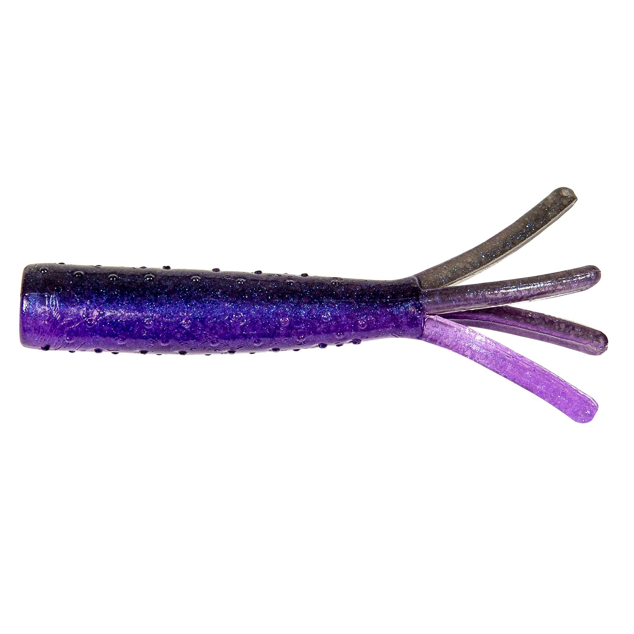 Soft plastic fishing lure, purple glitter body with speckles and four translucent legs