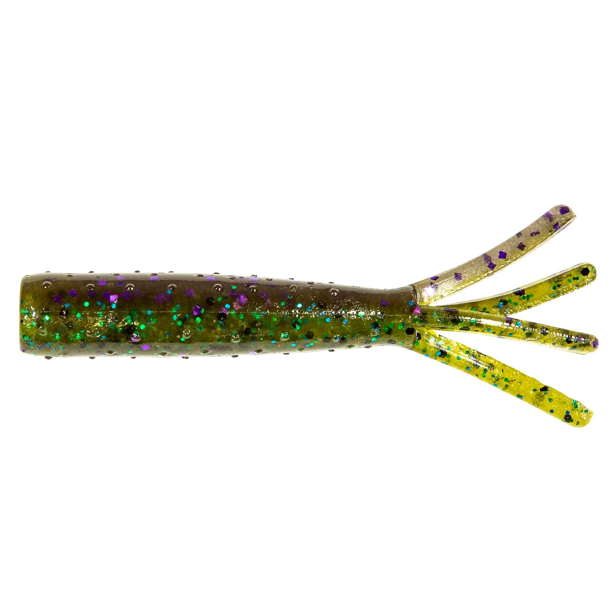 Soft plastic fishing lure, green glitter body with speckles and four yellow legs