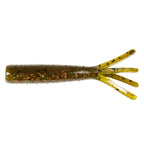Soft plastic fishing lure, brown speckled body with yellow tail legs