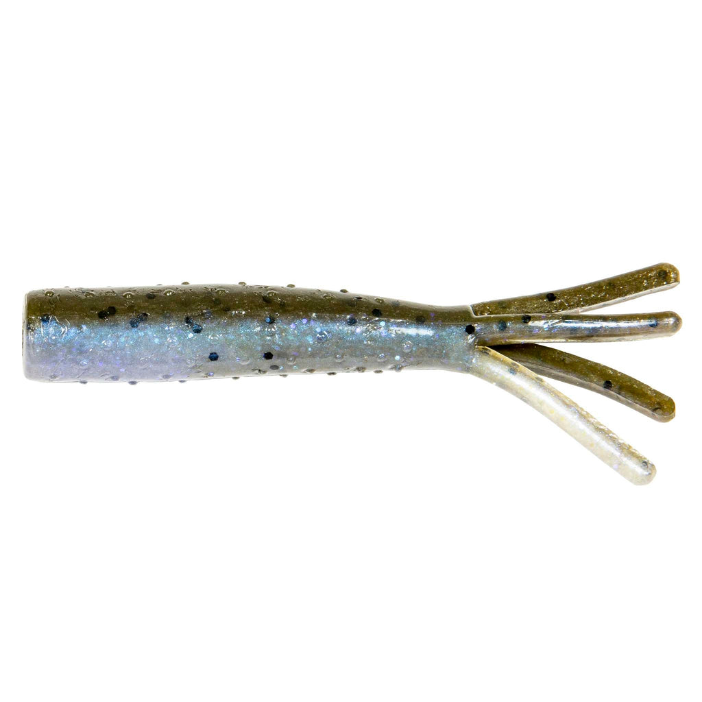 Soft plastic fishing lure, blue-green body with speckled finish and four clear legs