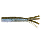 Soft plastic fishing lure, blue-green body with speckled finish and four clear legs