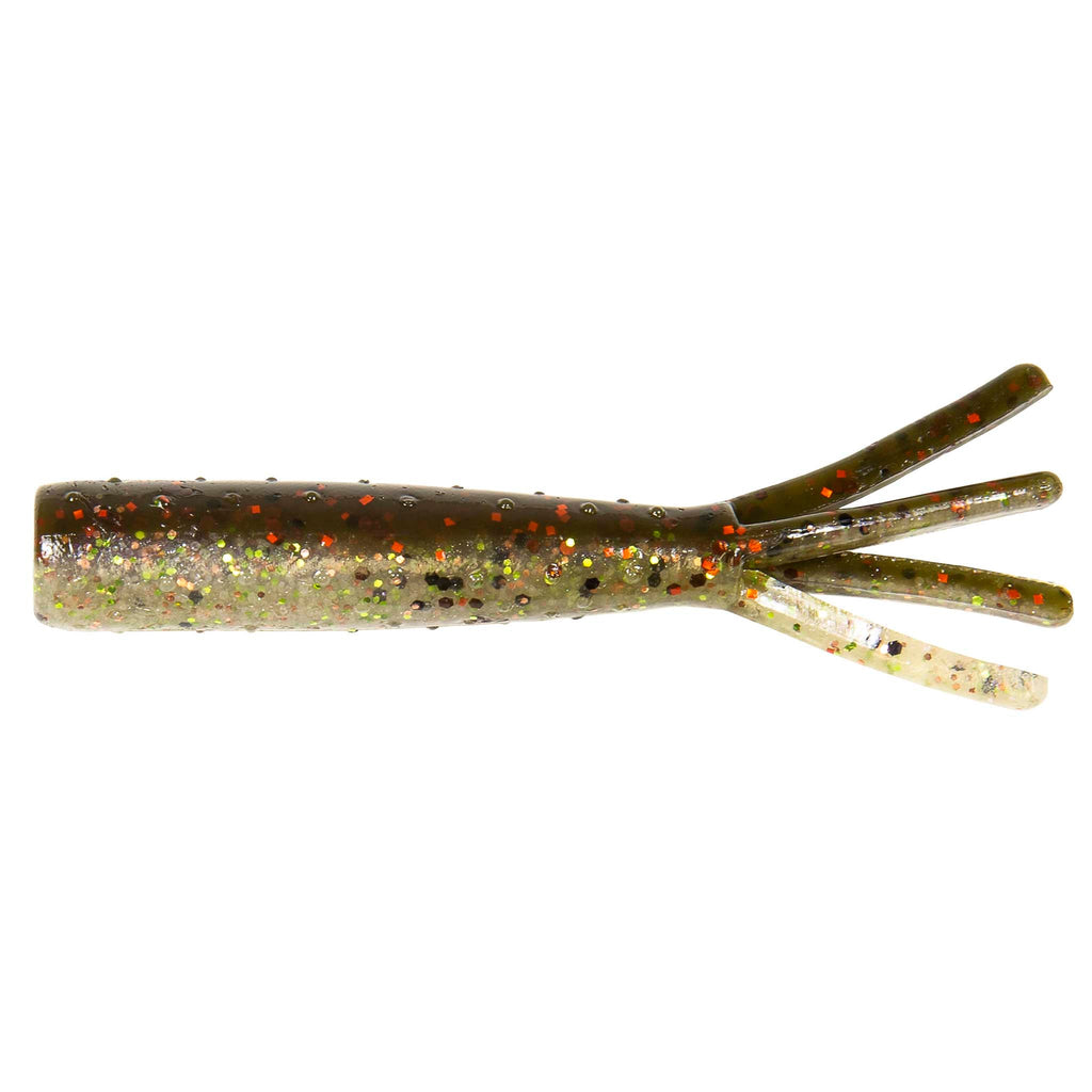 Soft plastic fishing lure in dark brown with gold glitter and four tentacle tails