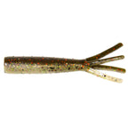 Soft plastic fishing lure in dark brown with gold glitter and four tentacle tails