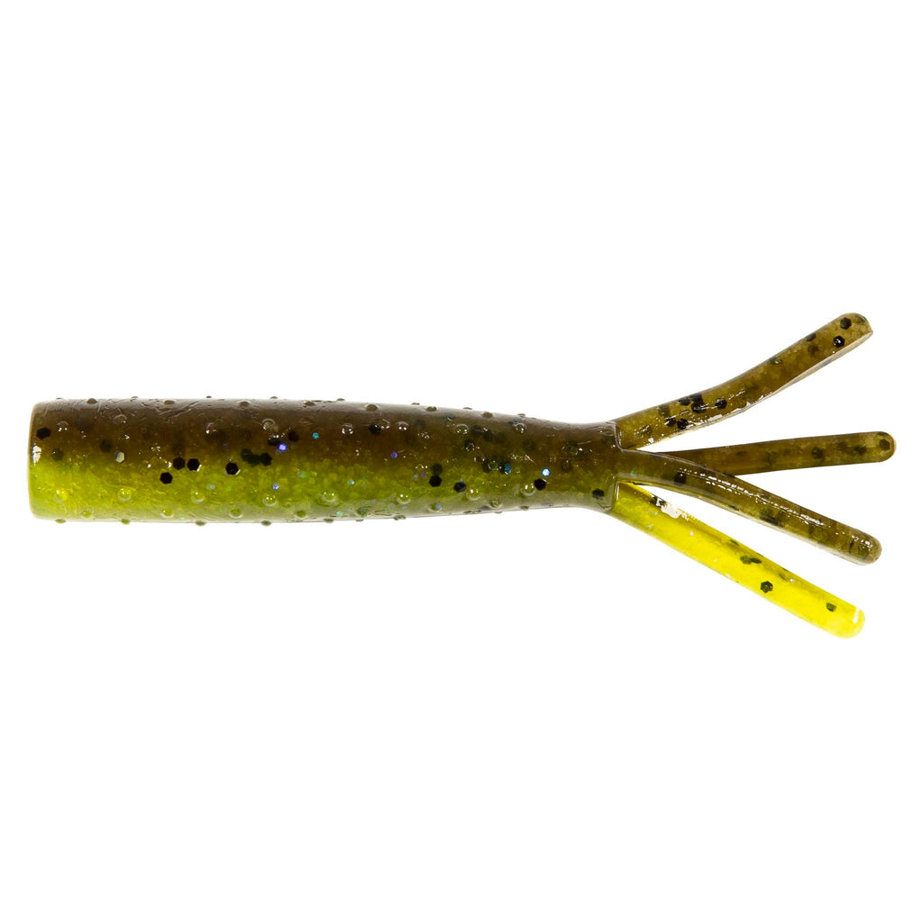 Soft plastic fishing lure in olive green with speckled dots and four tentacle tails