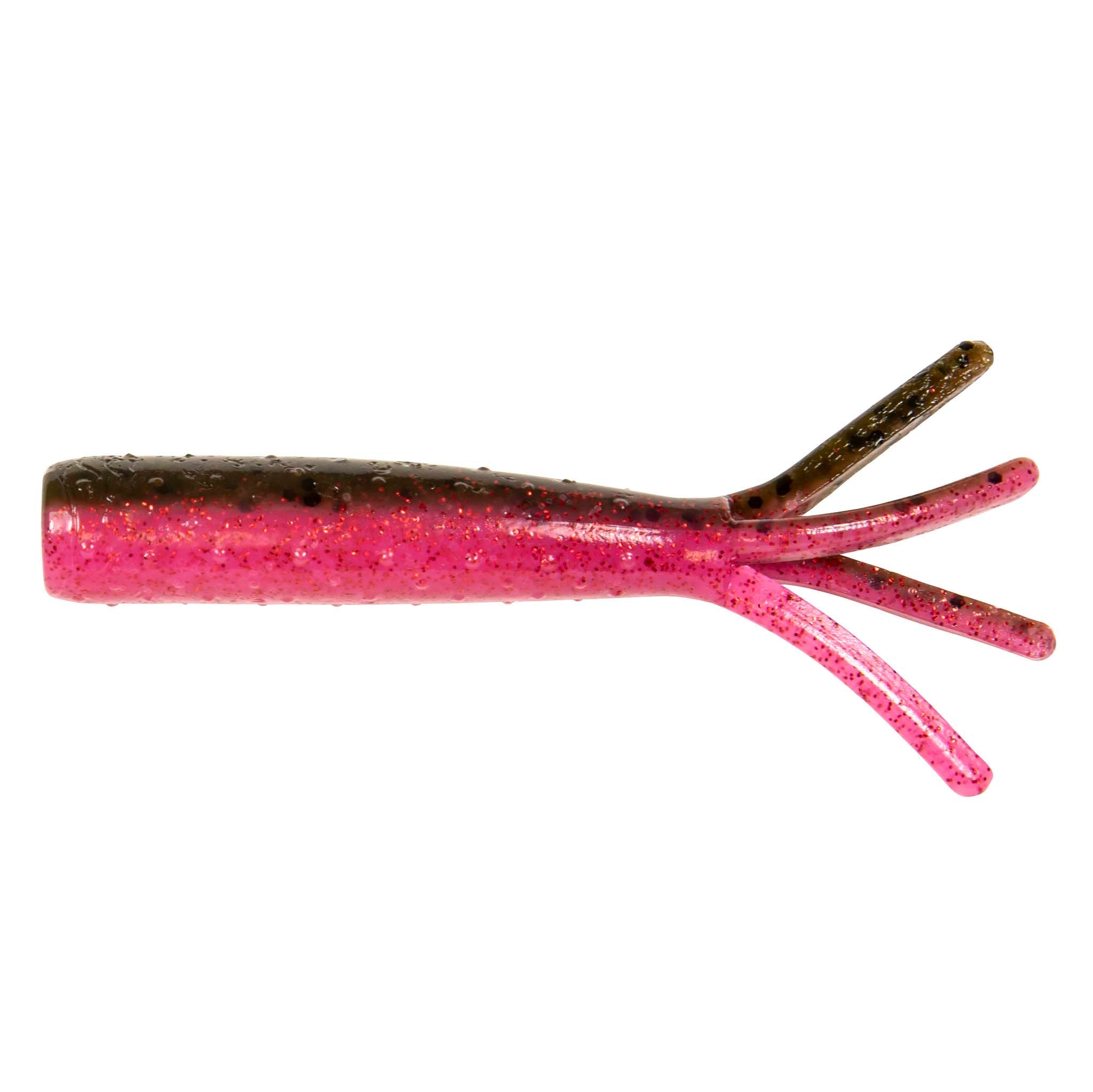 Soft plastic fishing lure in magenta pink with glitter flecks and four tentacle tails