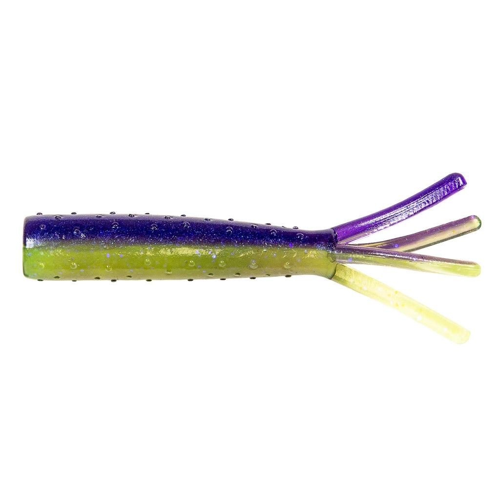 Soft plastic fishing lure with purple top, green body, and four tentacle tails
