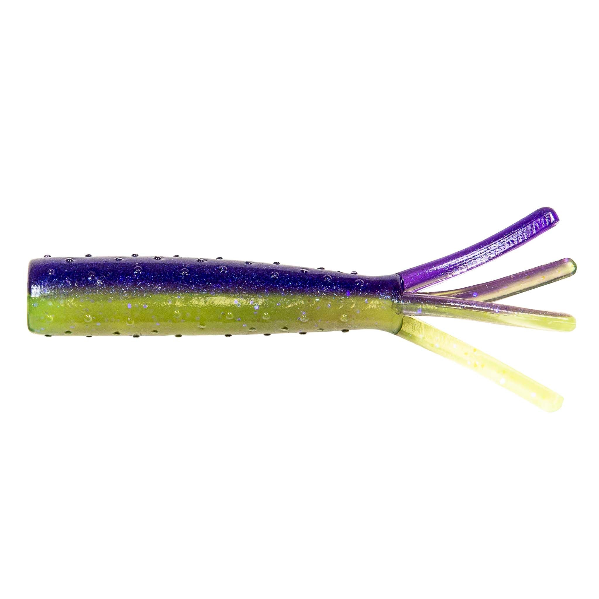 Soft plastic fishing lure with purple top, green body, and four tentacle tails