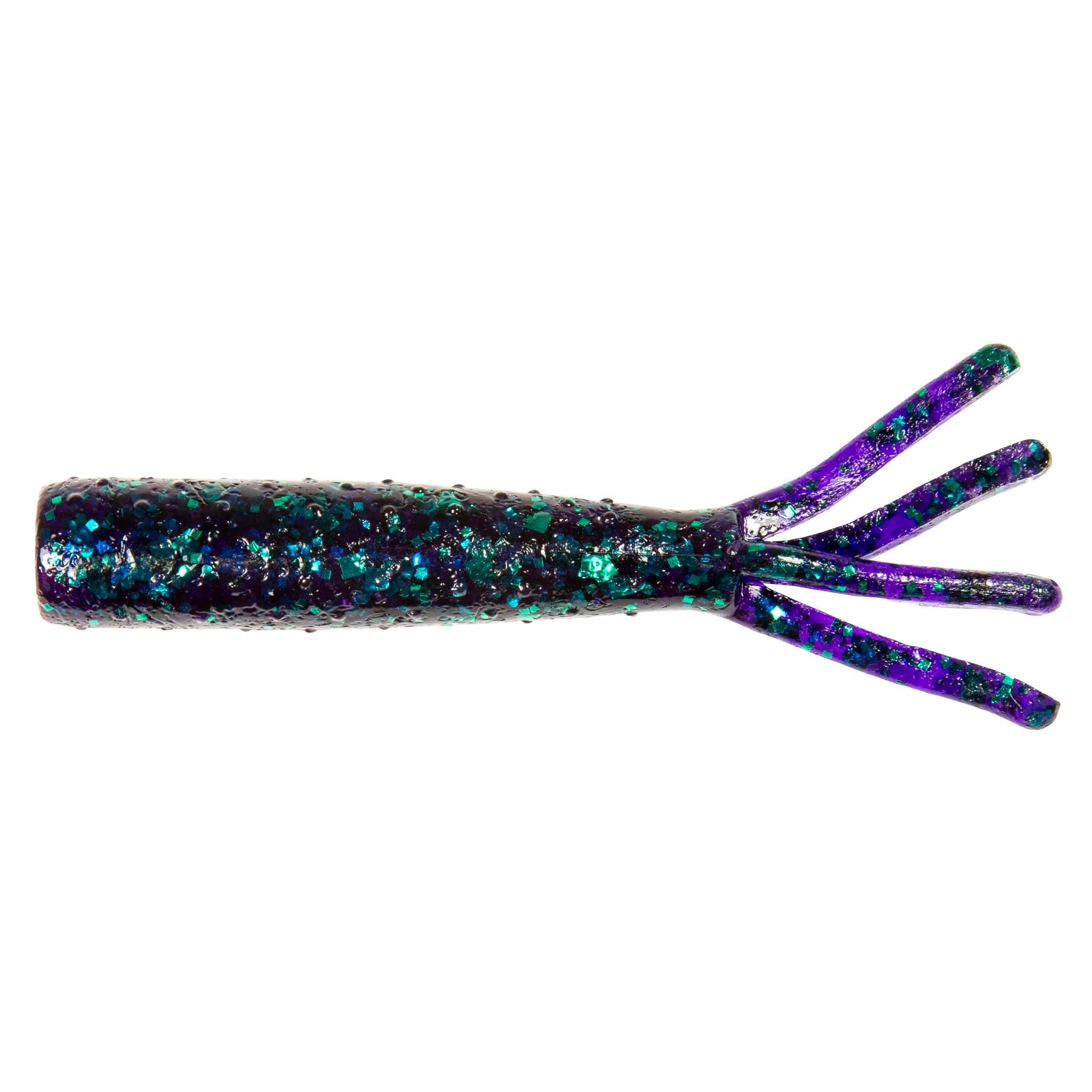 Soft plastic fishing lure in dark teal with glitter sparkle and four tentacle tails