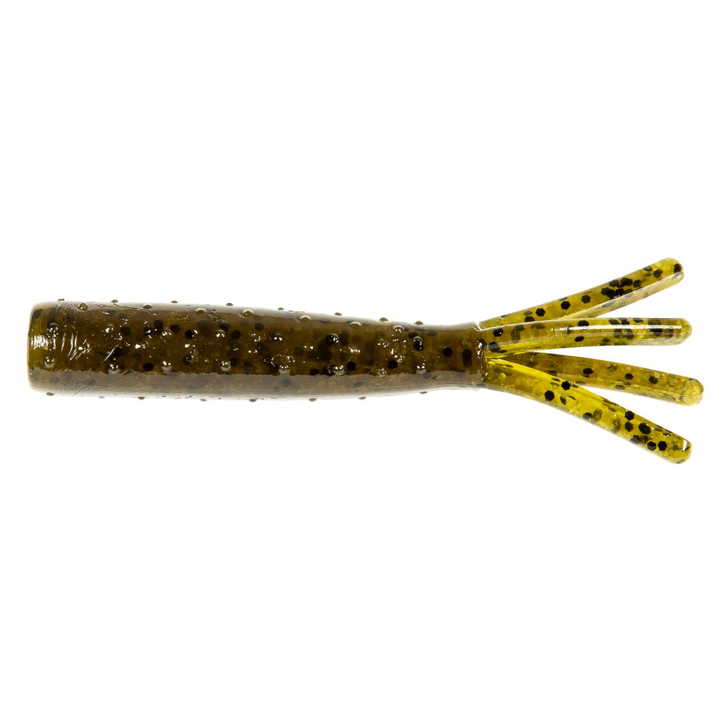 Soft plastic fishing lure in olive brown with dark speckles and four tentacle tails