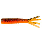 Soft plastic fishing lure in orange with red speckles and four tentacle tails