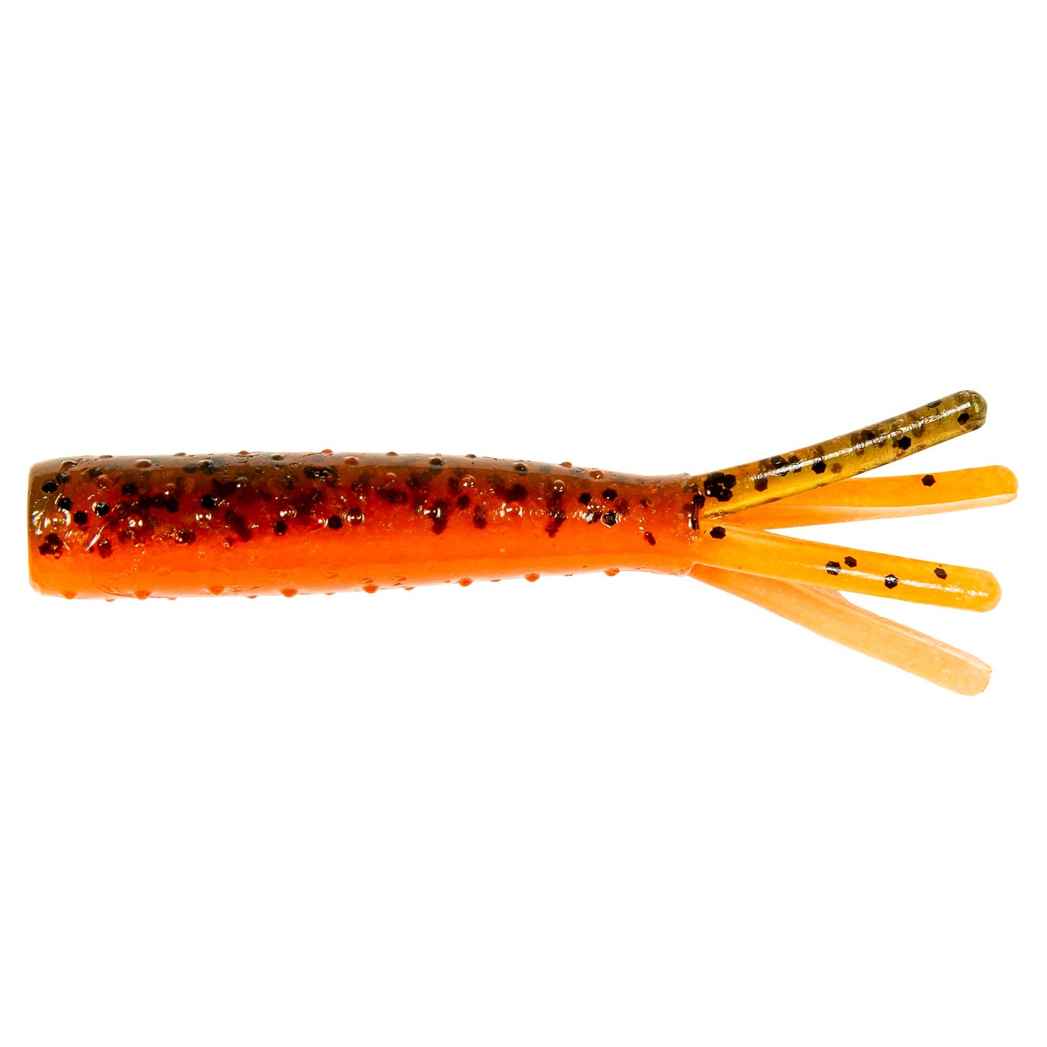Soft plastic fishing lure in orange with red speckles and four tentacle tails