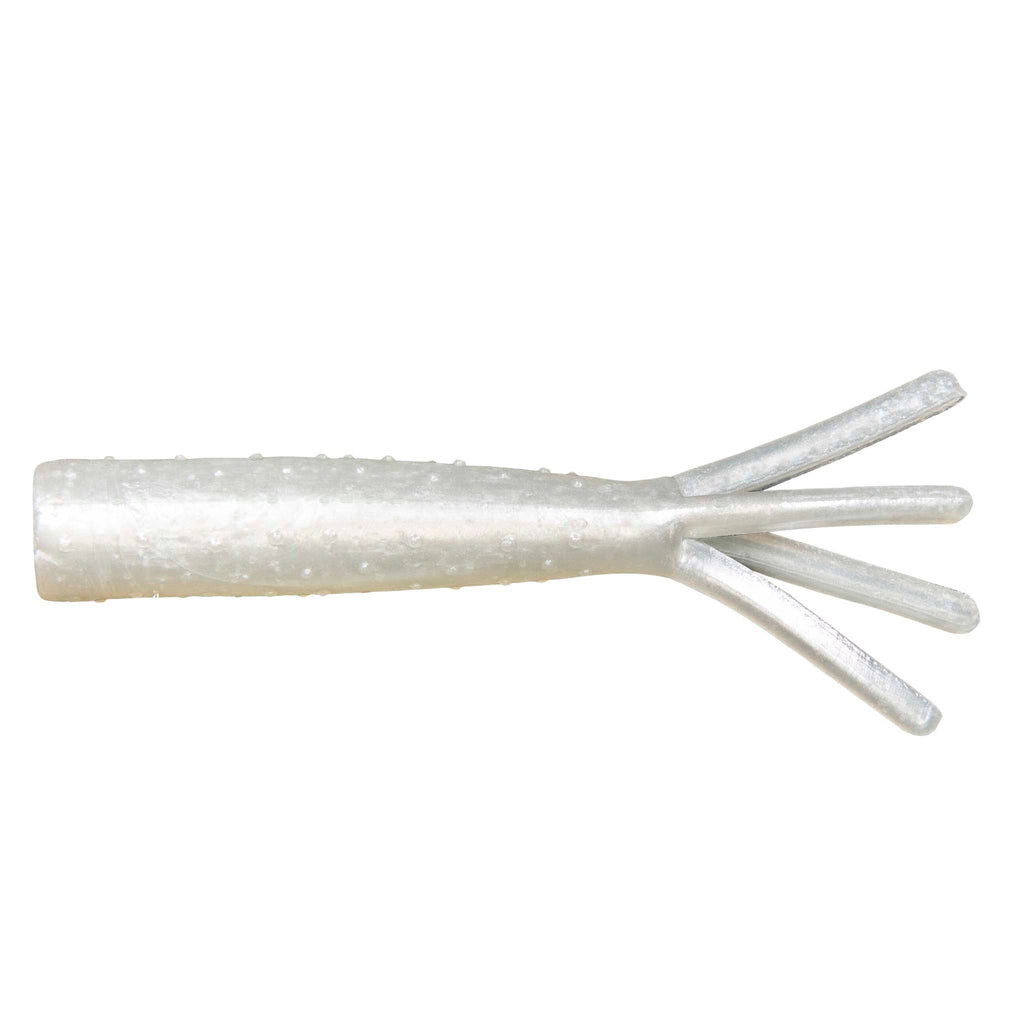 Soft plastic fishing lure in translucent white with glitter and four tentacle tails