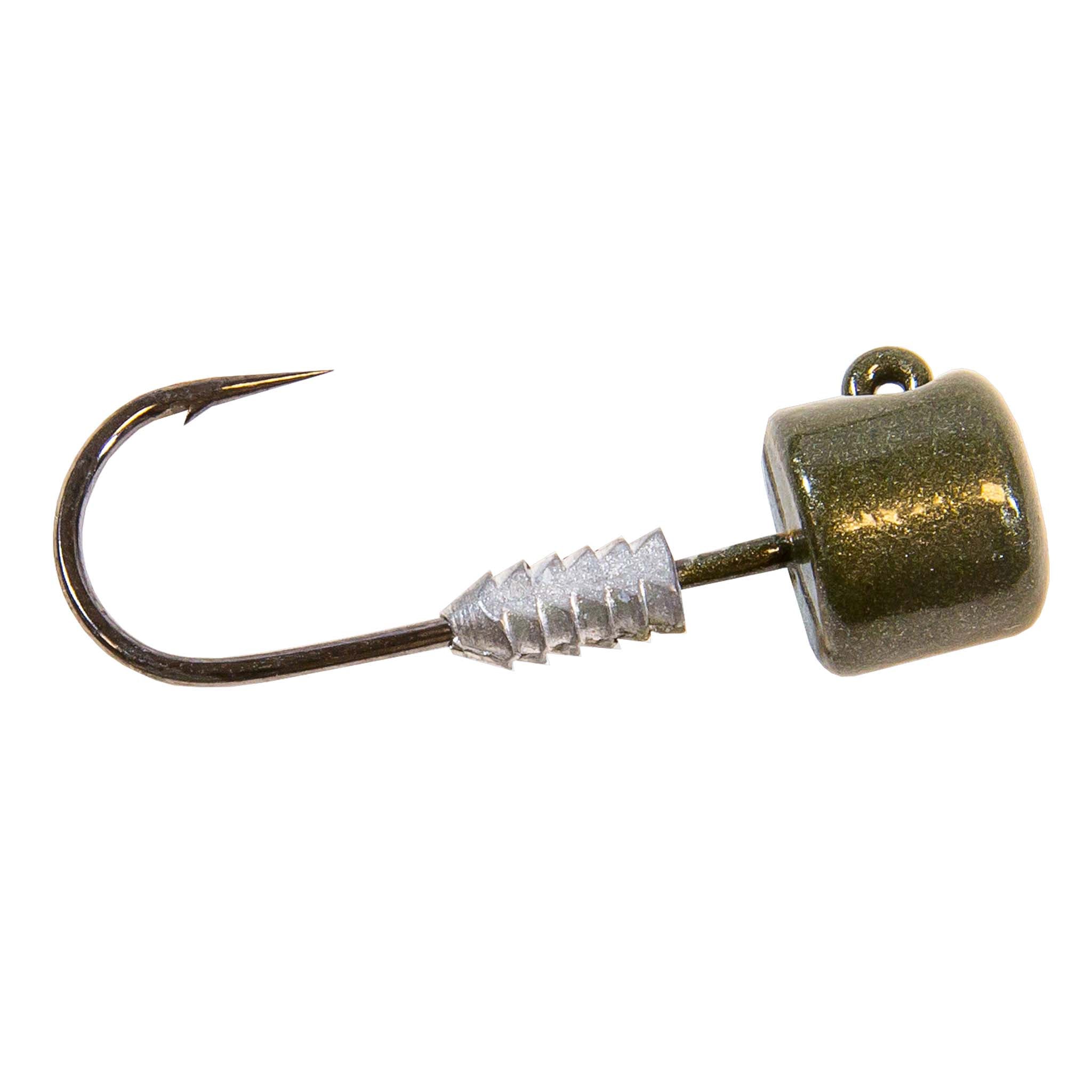 Green pumpkin jig head lure with bucktail skirt, barbed hook and glittered finish.