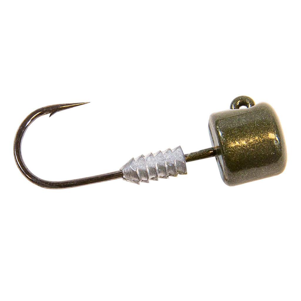 Green pumpkin jig head lure with bucktail skirt, barbed hook and shiny glitter head.