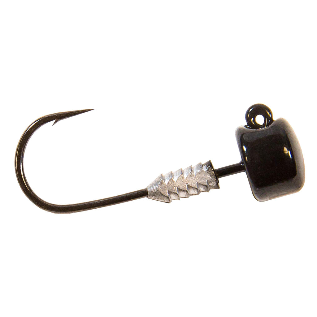 Black jig head lure with bucktail skirt, barbed hook and glossy dark head finish.