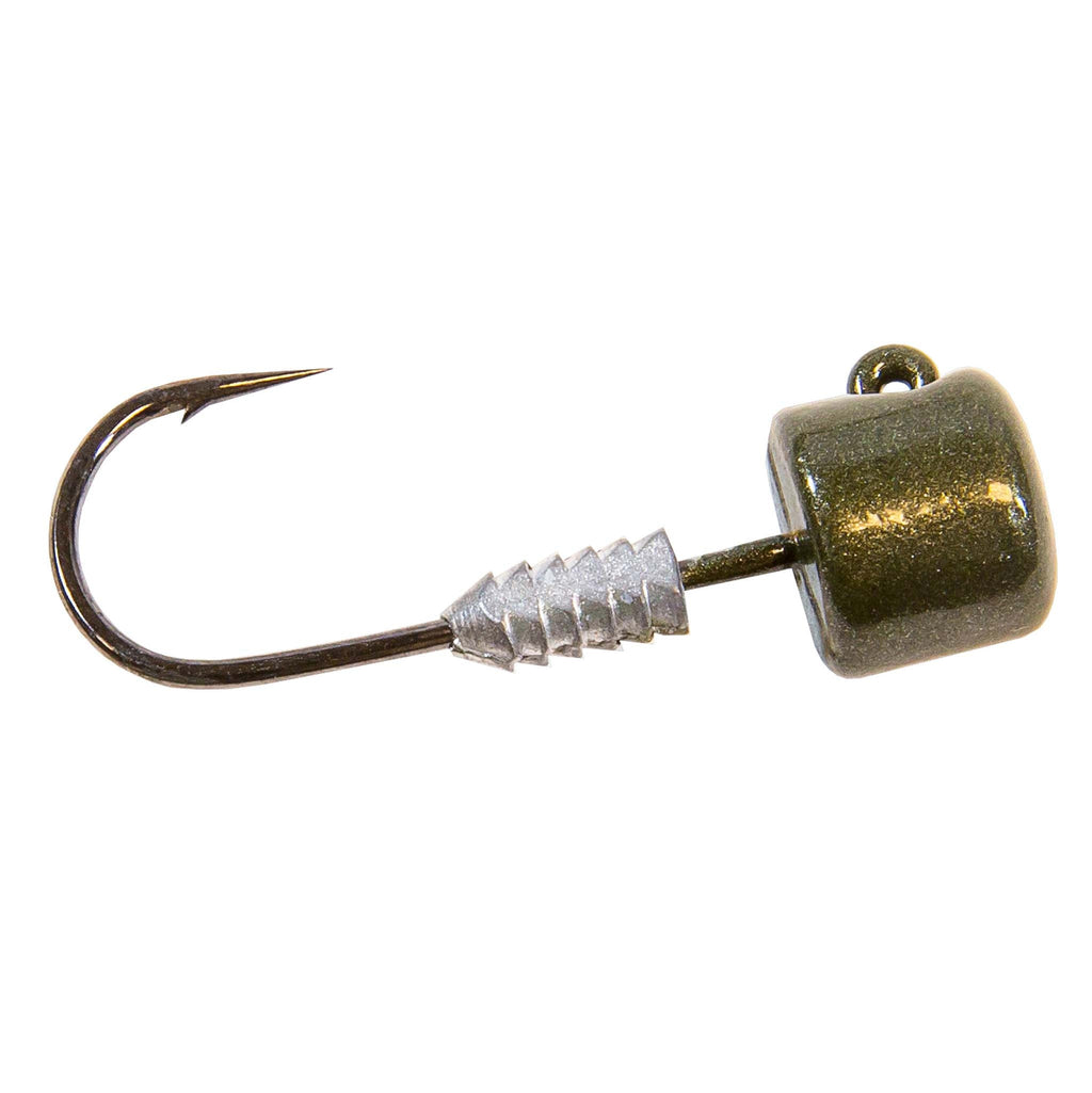 Green pumpkin jig head lure with bucktail skirt, barbed hook and sparkly textured head.