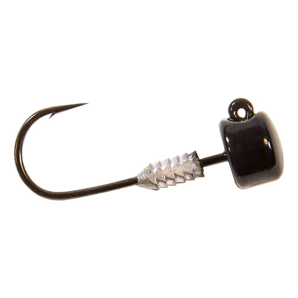 Black jig head lure with bucktail skirt, barbed hook and reflective silver bucktail.