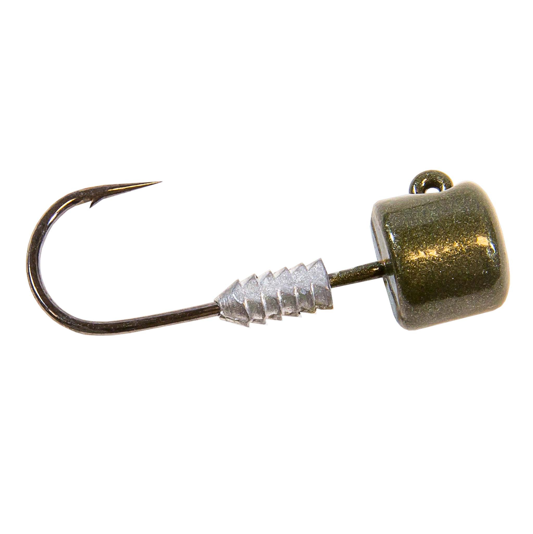Green pumpkin jig head lure with bucktail skirt, barbed hook and gold-sparkle head.