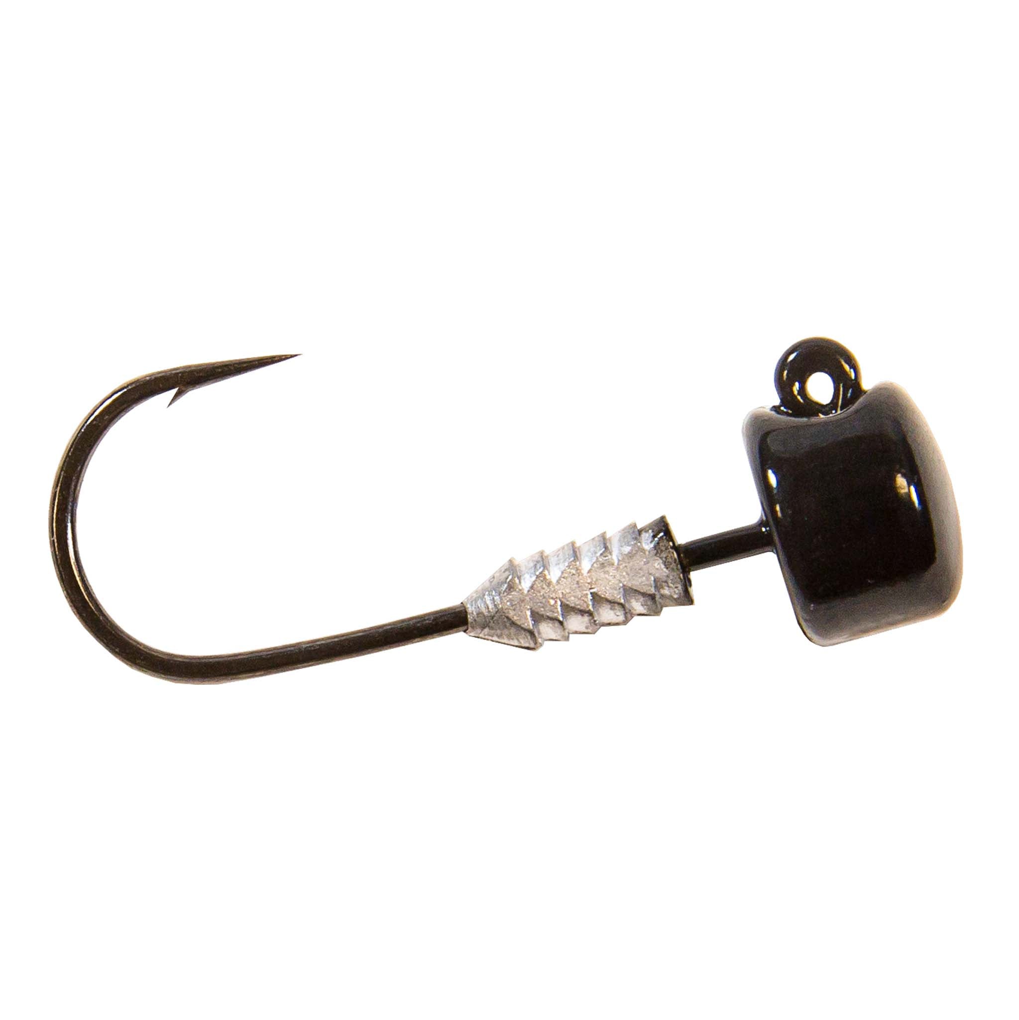Black jig head lure with bucktail skirt, barbed hook and reflective silver bucktail.