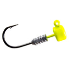 Chartreuse jig head lure with bucktail skirt, barbed hook and shiny silver bucktail.