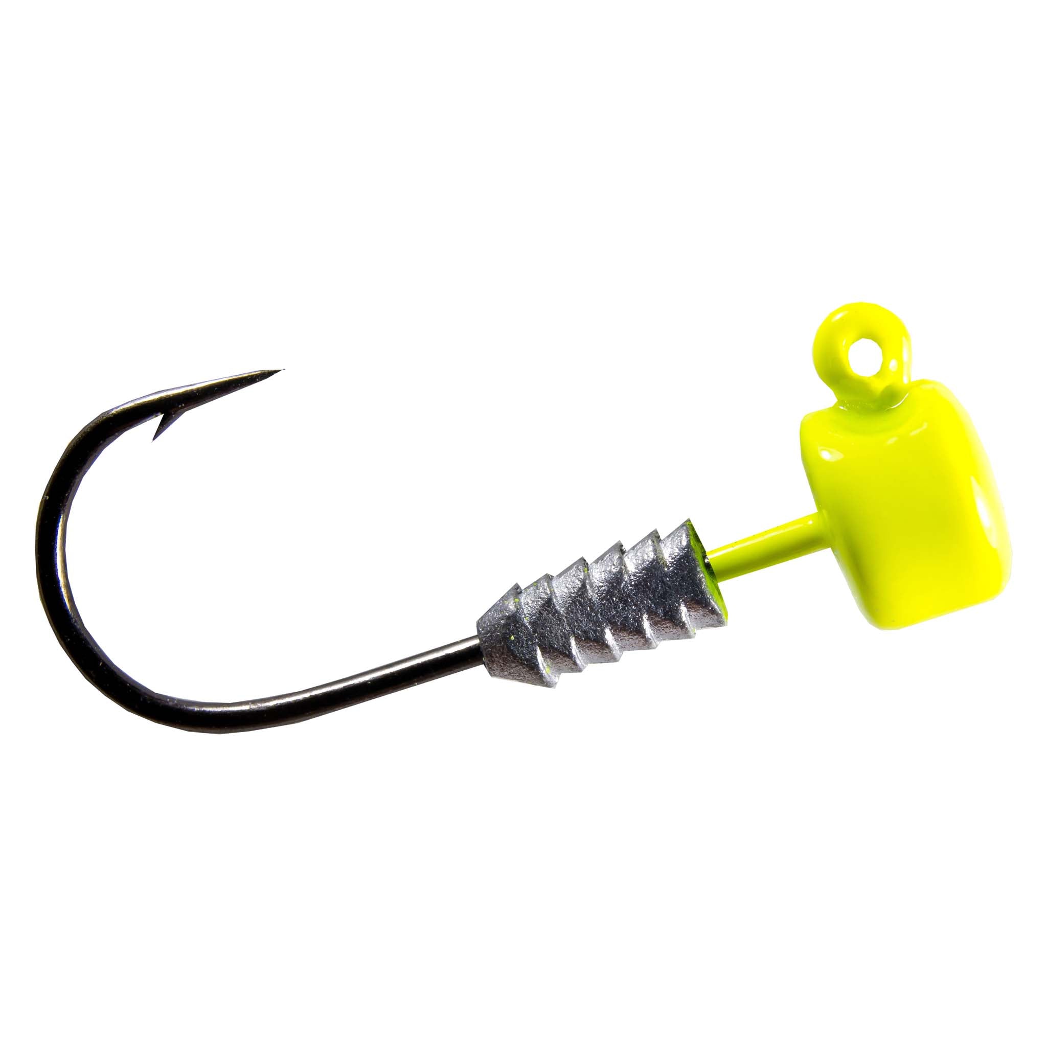 Chartreuse jig head lure with bucktail skirt, barbed hook and shiny silver bucktail.