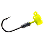 Chartreuse jig head lure with bucktail skirt, barbed hook and metallic speckled head.