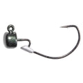 Fishing jig head with silver glitter finish and offset hook, close-up view