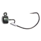 Fishing jig head with silver glitter finish and offset hook, close-up view