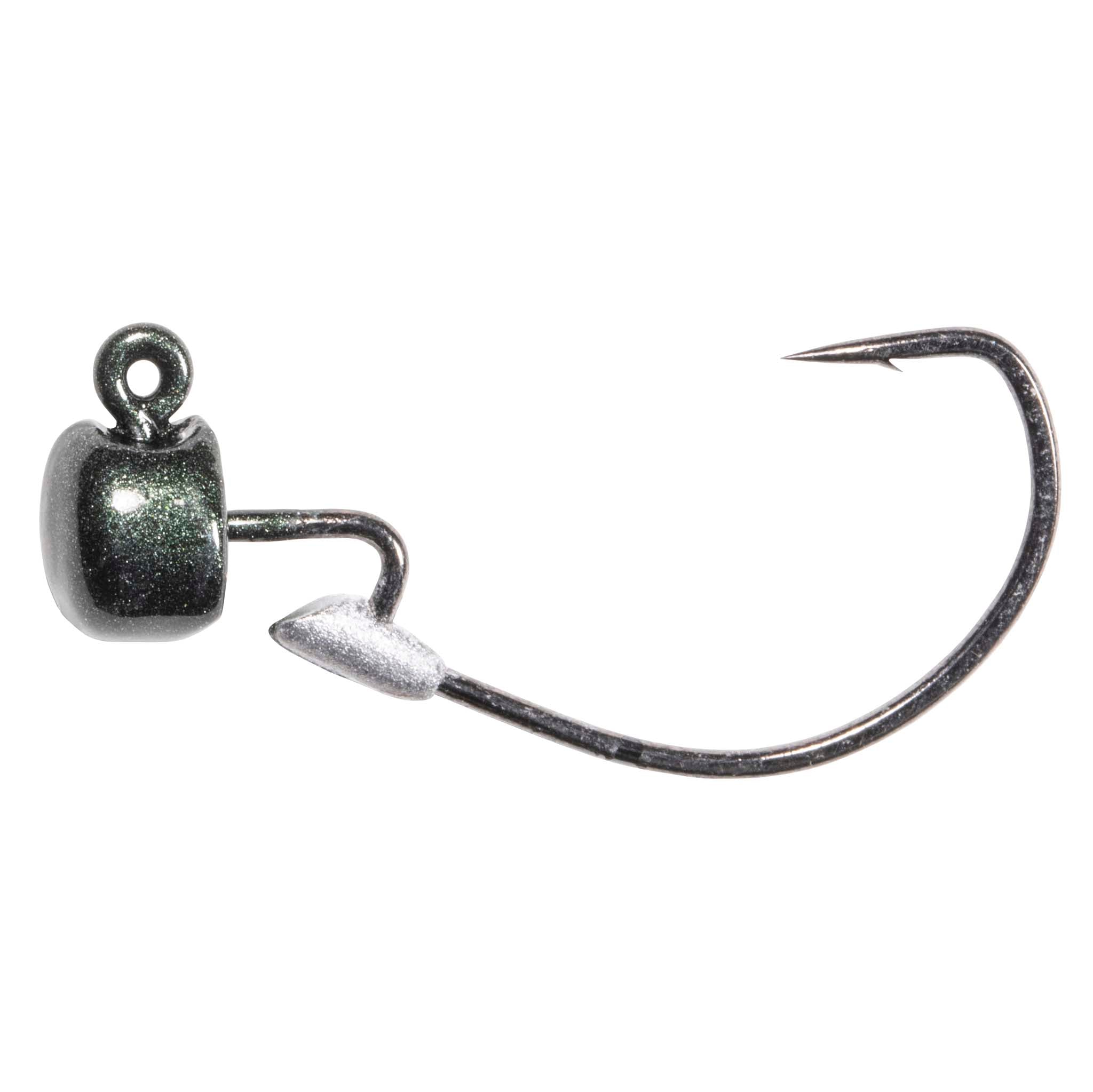 Fishing jig head with silver glitter finish and offset hook, close-up view