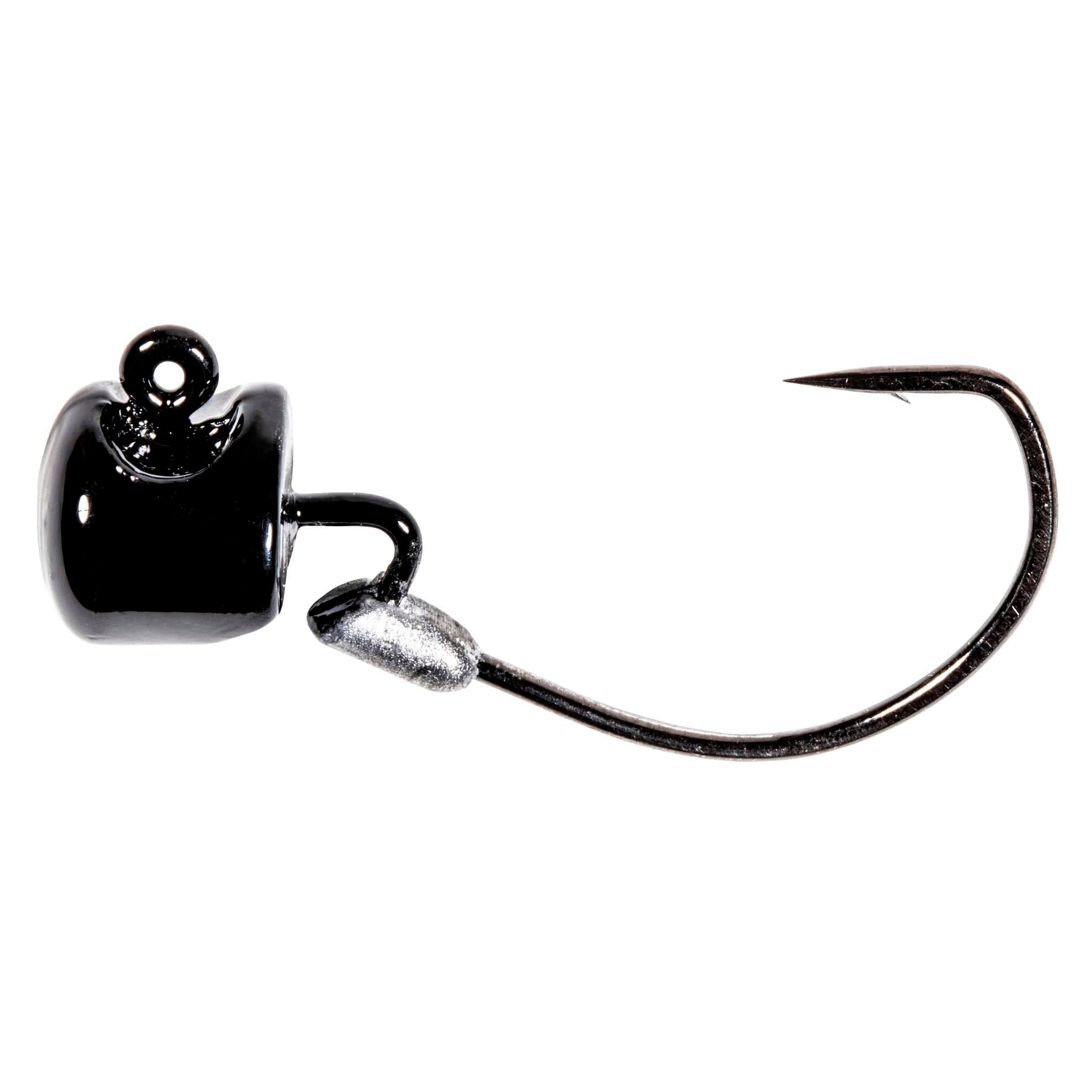 Fishing jig head with black finish and offset hook, close-up view