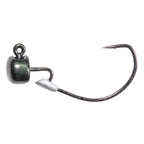 Fishing jig head with silver glitter finish and offset hook, side profile