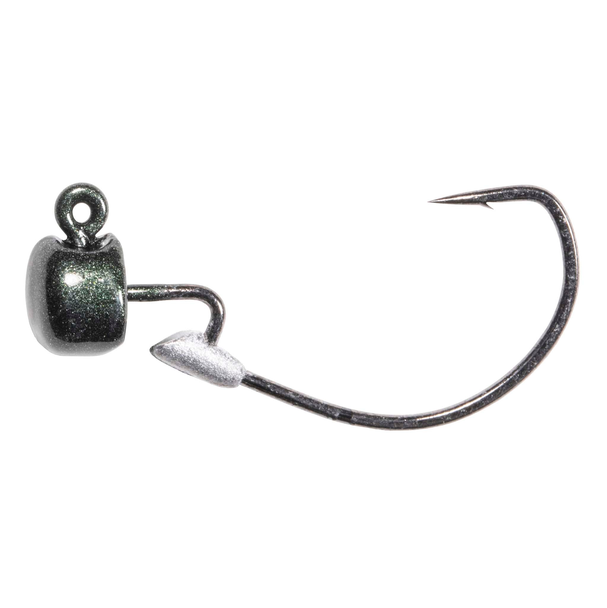 Fishing jig head with silver glitter finish and offset hook, side profile