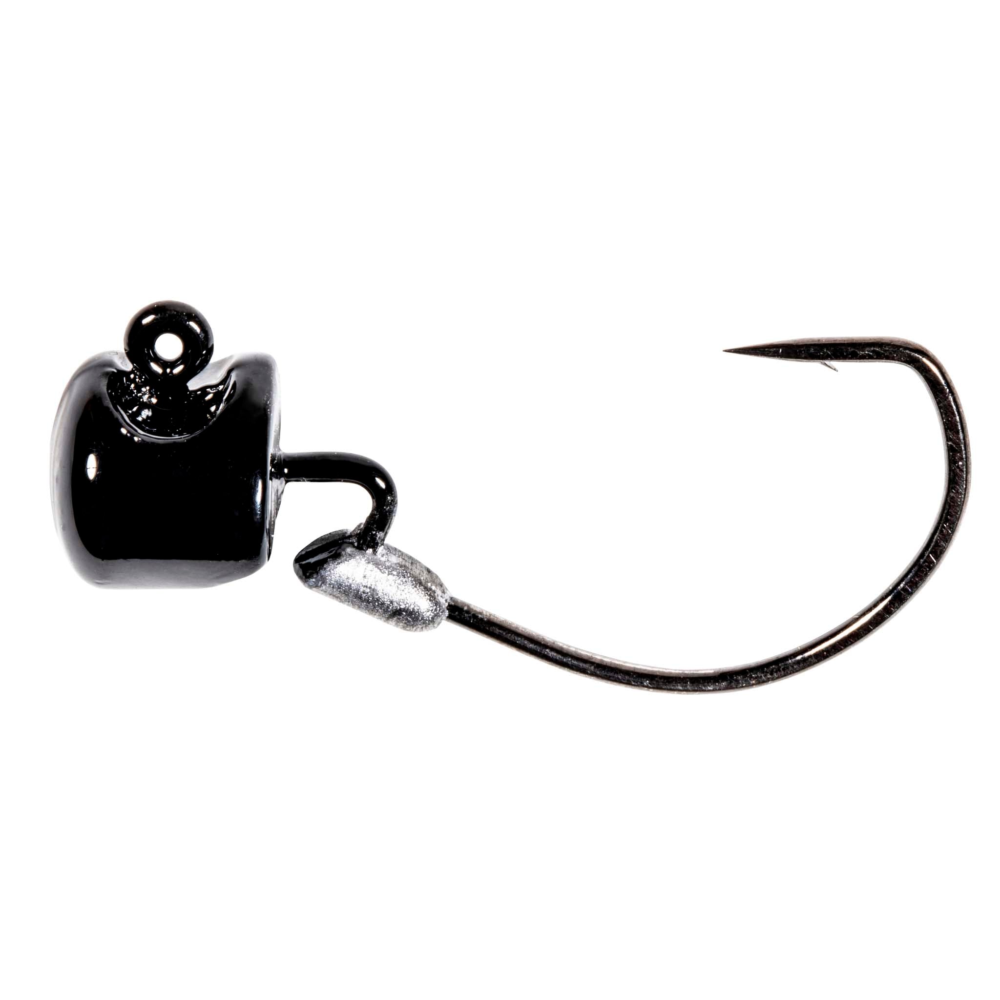Fishing jig head with black finish and offset hook, side profile