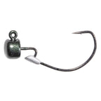 Fishing jig head with silver glitter finish and offset hook, hook-forward angle
